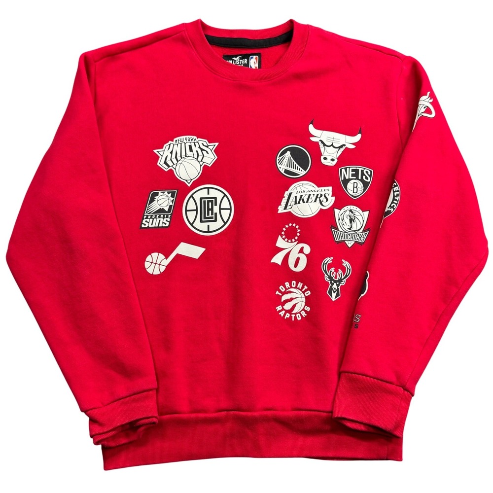 Hollister NBA‎ Sweatshirt Mens M Red Multi Team Logo Crewneck Fleece Pullover